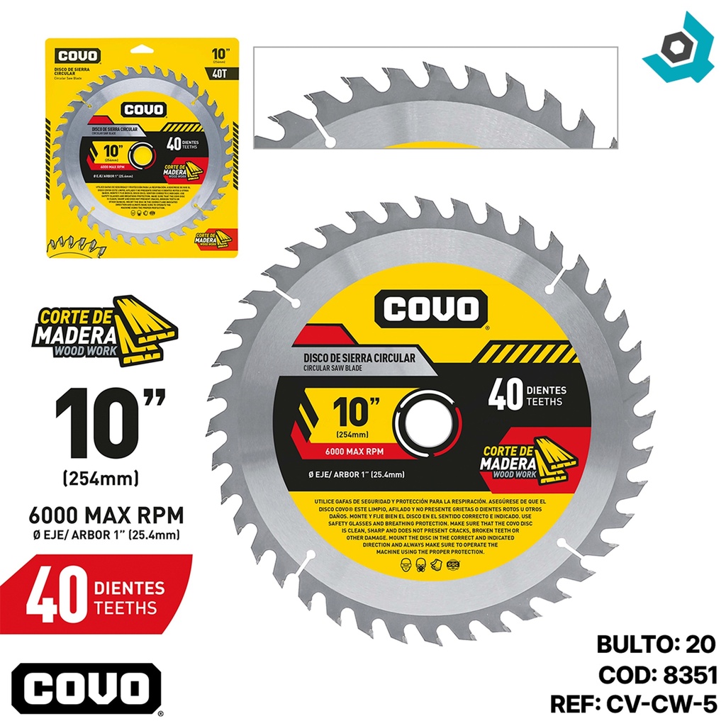 DISCO DE SIERRA 10" PARA MADERA COVO