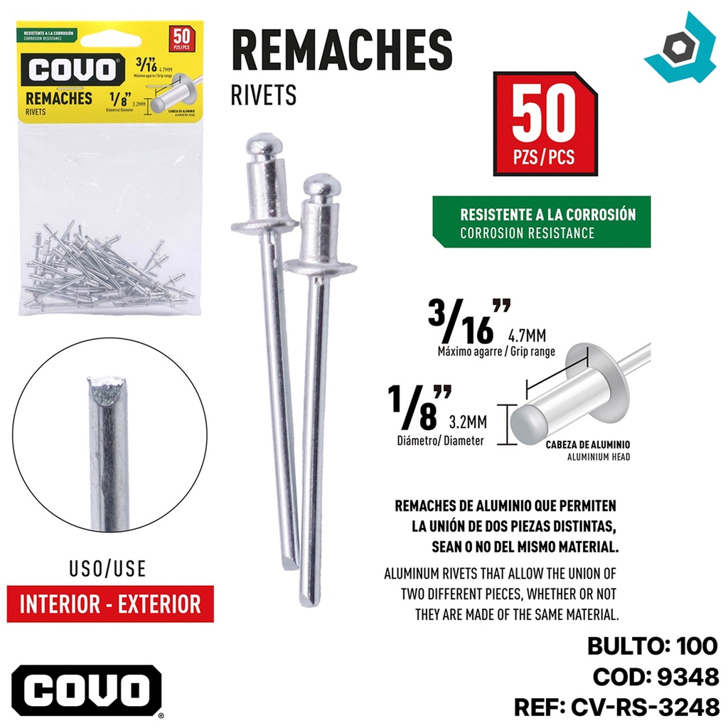 REMACHE 1/8" X 3/16" 50 PIEZAS COVO