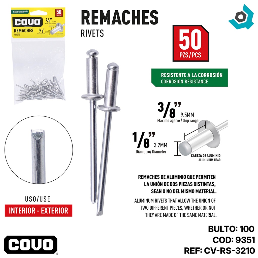 REMACHE 1/8" X 3/8" 50 PIEZAS COVO