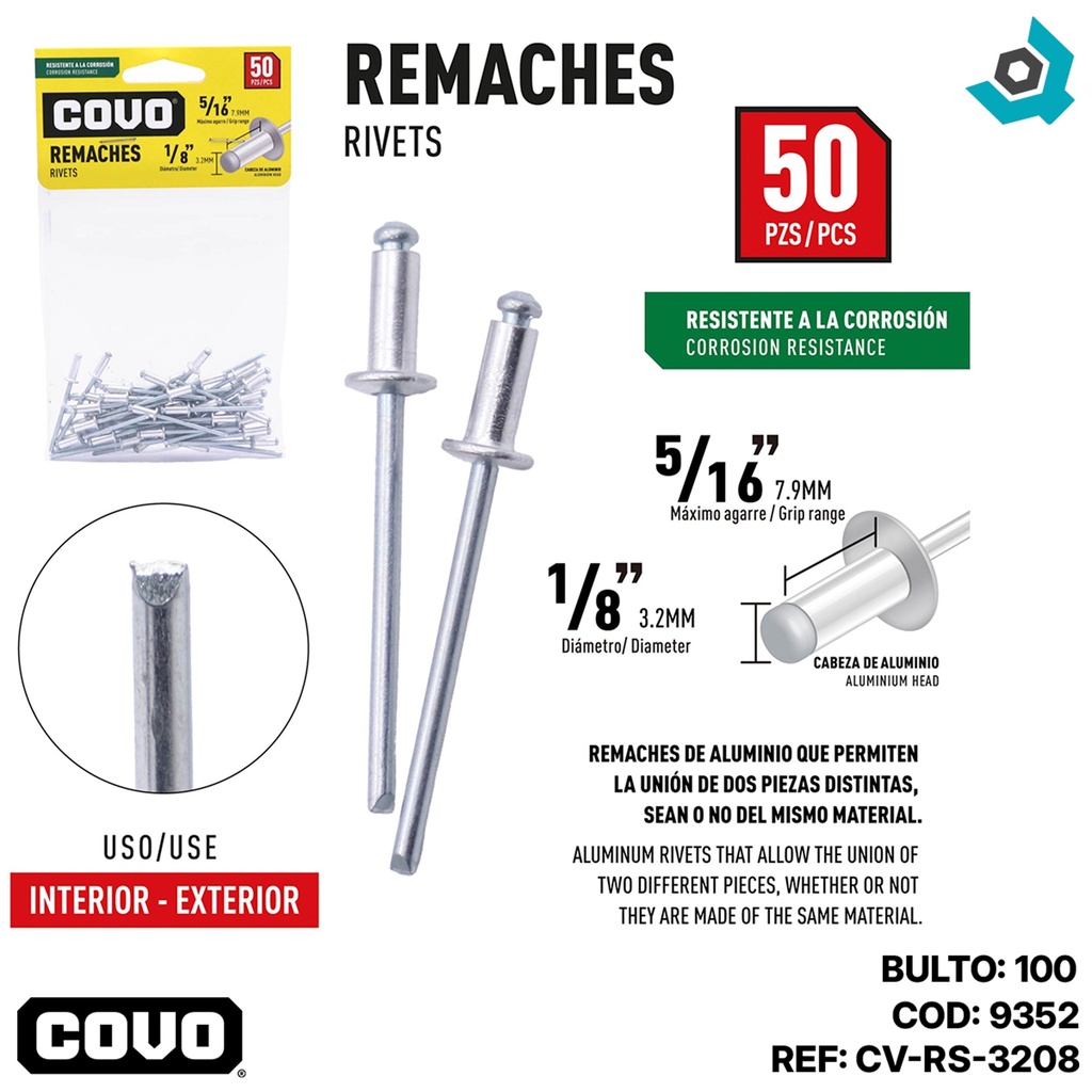 REMACHE 1/8" X 5/16" 50 PIEZAS COVO