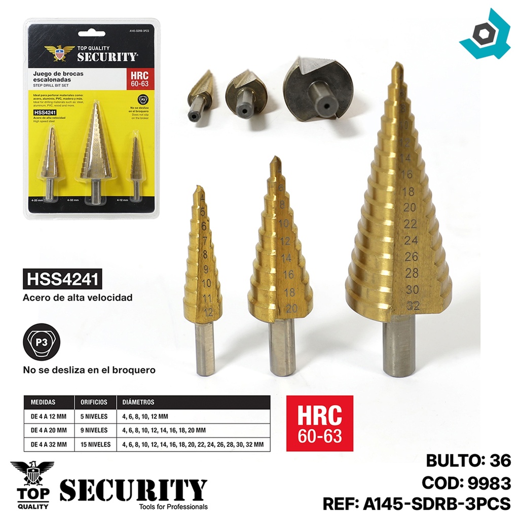 MECHAS 1/4" MULTIMATERIAL ESCALONADA 3 PIEZAS SECURITY