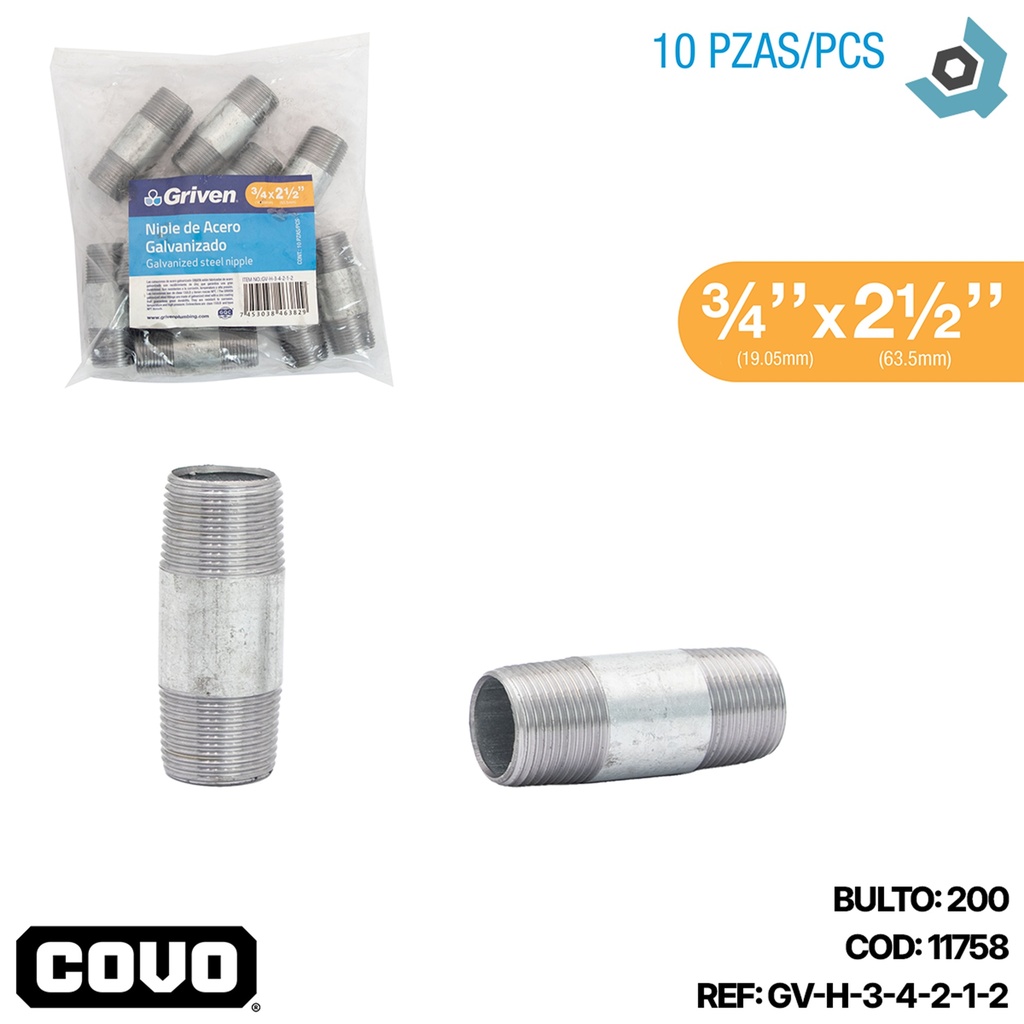 NIPLE 3/4" X 2 1/2" DE ACERO GALVANIZADO GRIVEN