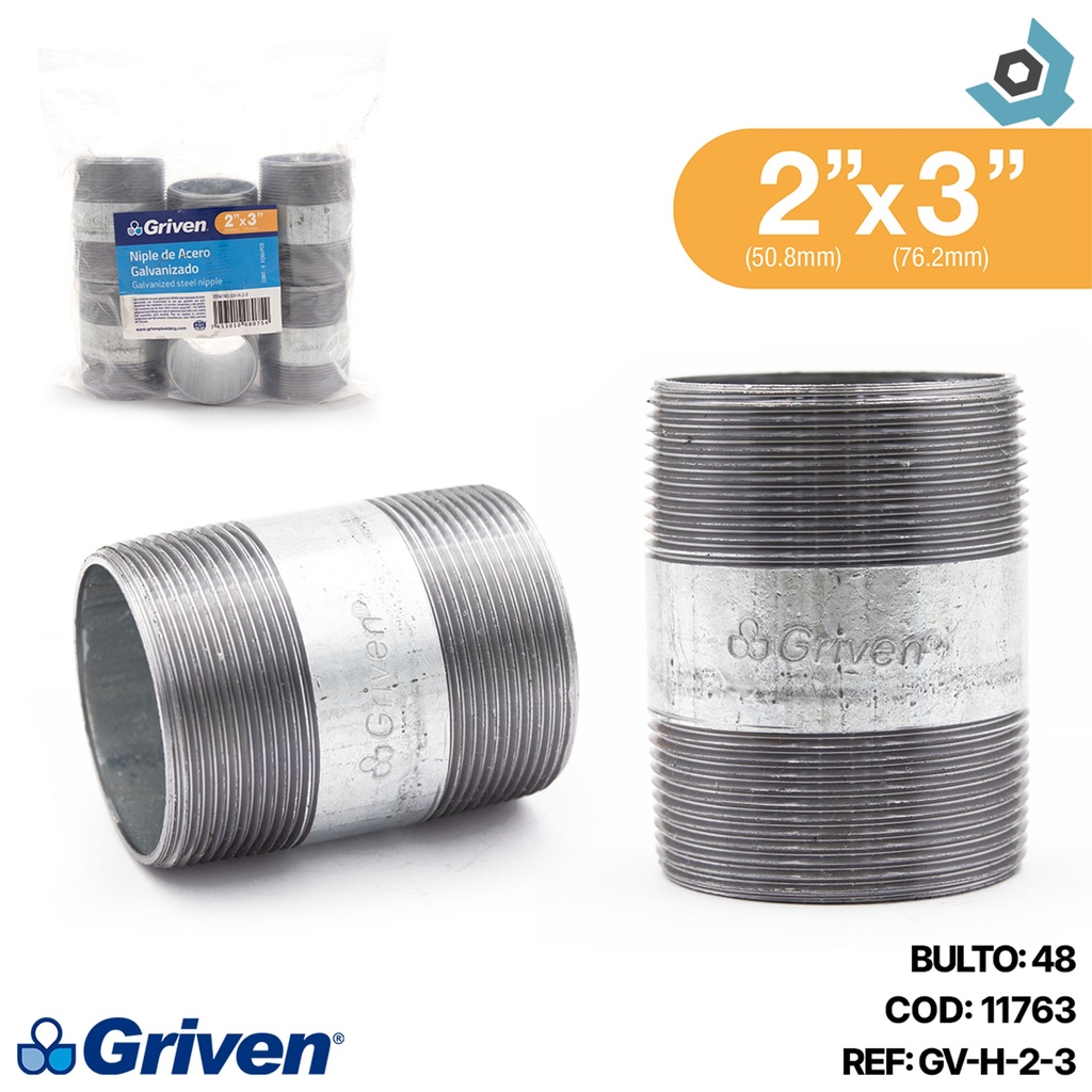 NIPLE 2" X 3" DE LARGO DE ACERO GALVANIZADO GRIVEN