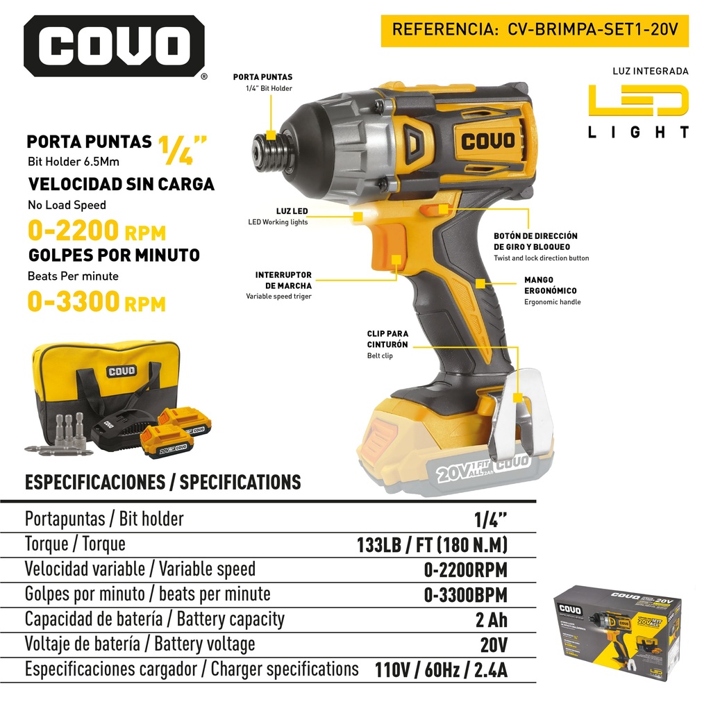 SET DESTORNILLADOR DE IMPACTO INALAMBRICO BRUSHLESS 20V COVO