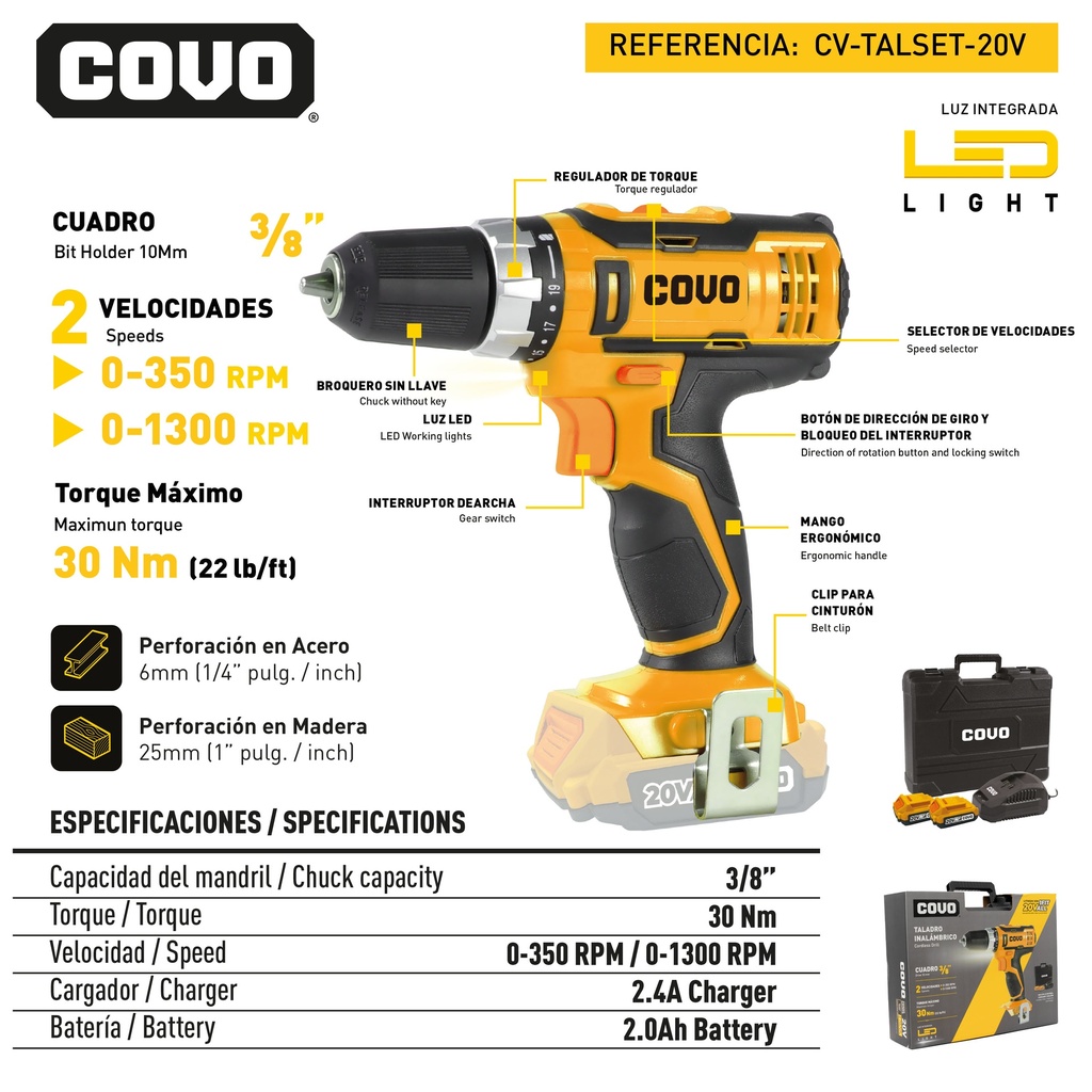 SET DESTORNILLADOR INALAMBRICO 3/8" 20V COVO