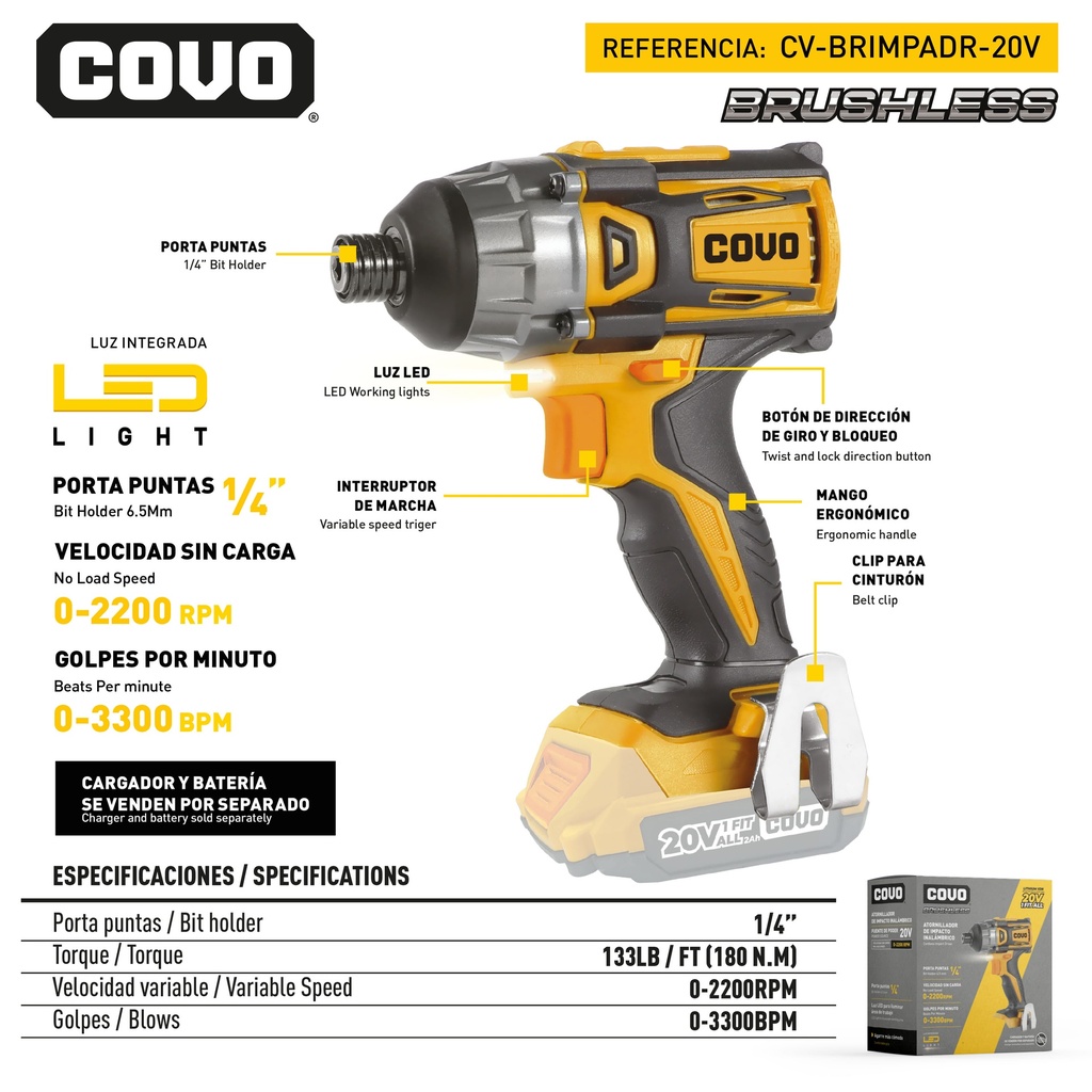 DESTORNILLADOR DE IMPACTO INALAMBRICO BRUSHLESS 20V COVO