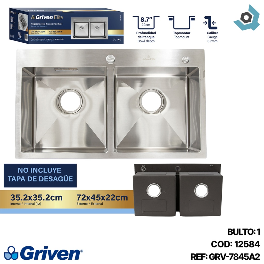 FREGADERO DOBLE ACERO INOXIDABLE GRIVEN ELITE