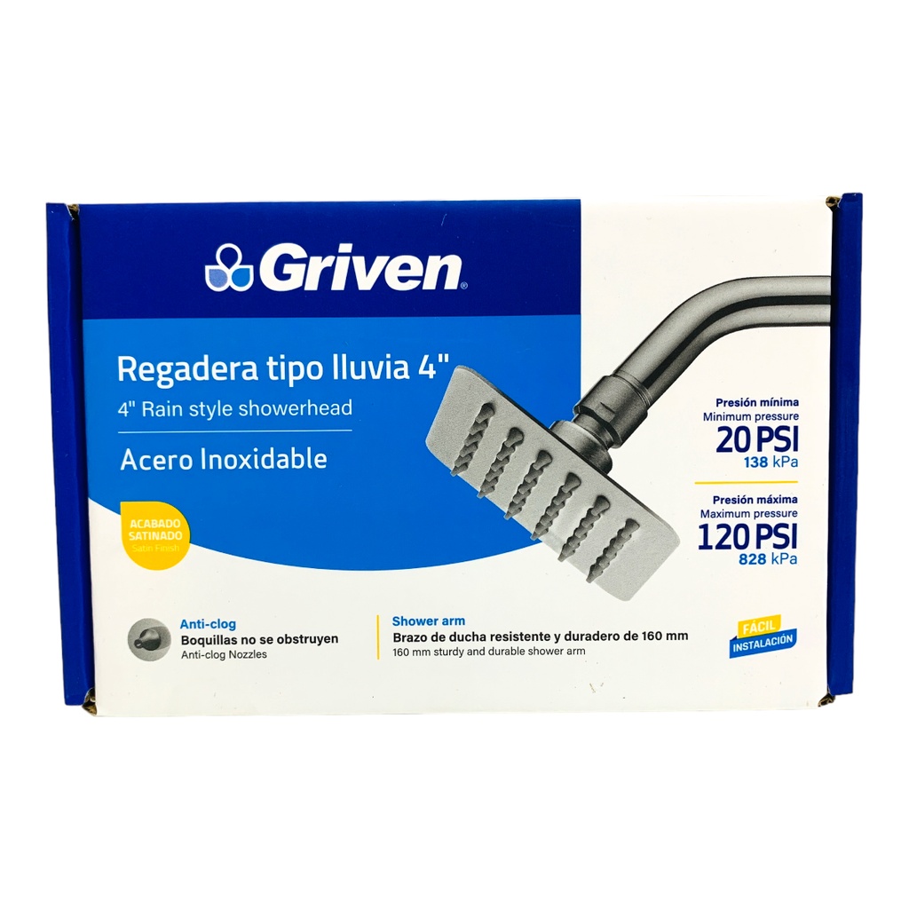 REGADERA TIPO LLUVIA 4" SATINADO CUADRADA GRIVEN