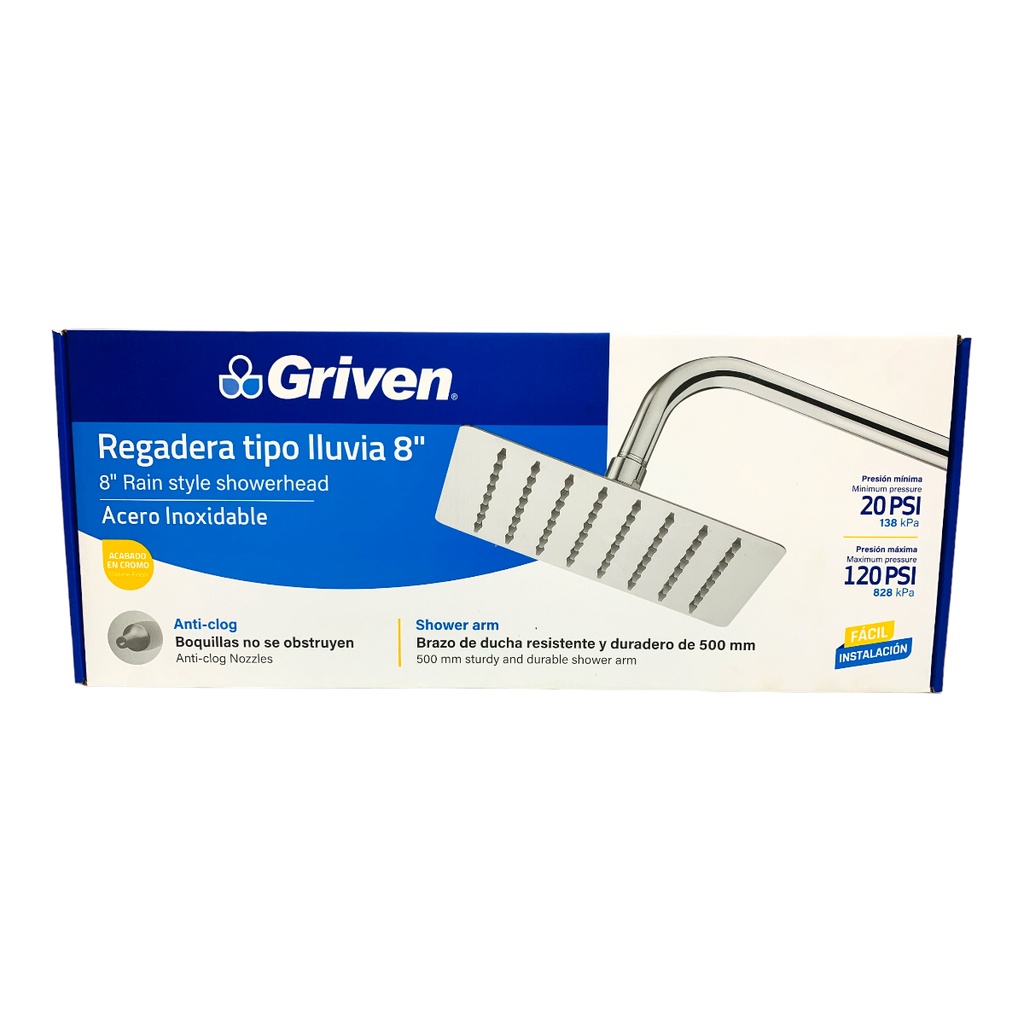 REGADERA TIPO LLUVIA 8" CROMADA CUADRADA GRIVEN