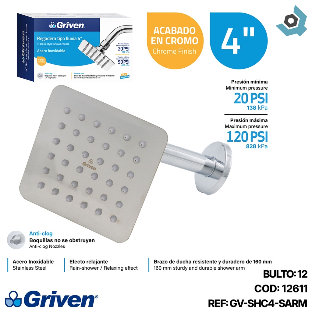 REGADERA TIPO LLUVIA 4" CROMADA CUADRADA GRIVEN