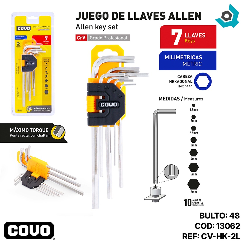 JUEGO DE LLAVES ALLEN MAXIMO TORQUE 7PZAS COVO