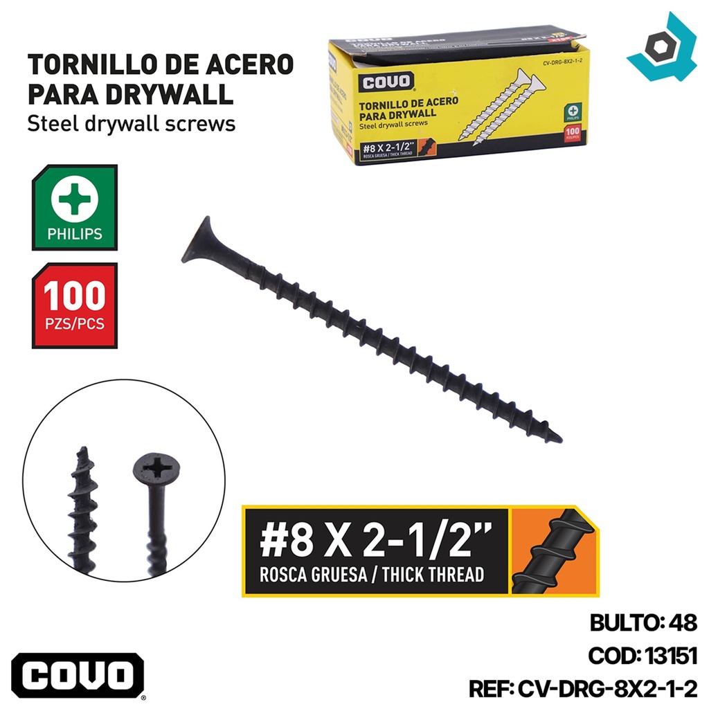 TORNILLO DRYWALL 8 X 2 1/2" 100 PZA COVO