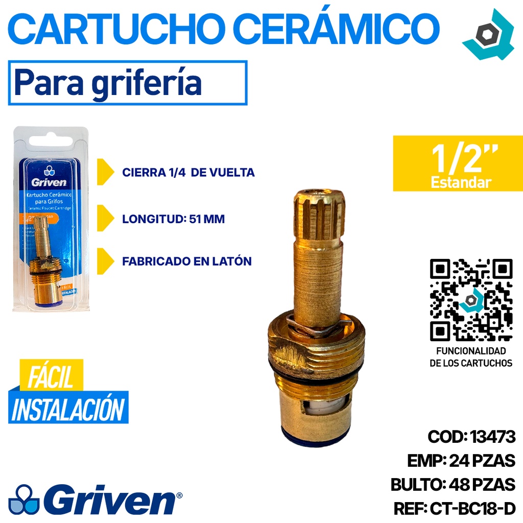 CARTUCHO CERAMICO 1/2" PARA GRIFERIAS GRIVEN