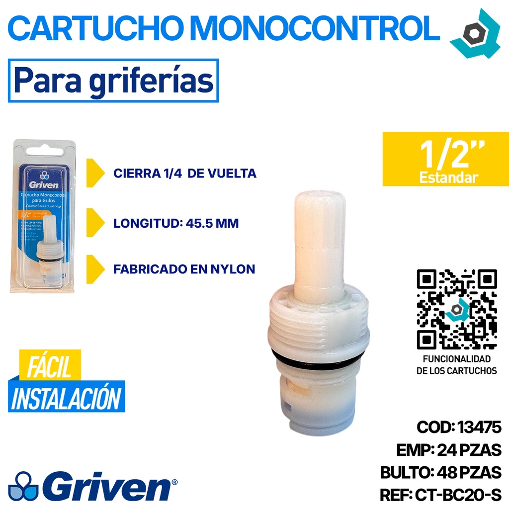 CARTUCHO MONOCONTROL 1/2" PARA GRIFERIAS GRIVEN