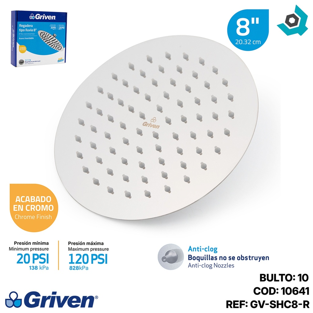 REGADERA PARA DUCHA TIPO LLUVIA REDONDA 8" CROMADA GRIVEN