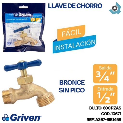 [8134] LLAVE DE CHORRO 1/2" BRONCE SIN PICO GRIVEN