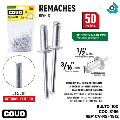[8166] REMACHES 3/16" X 1/2" 50 PIEZAS COVO