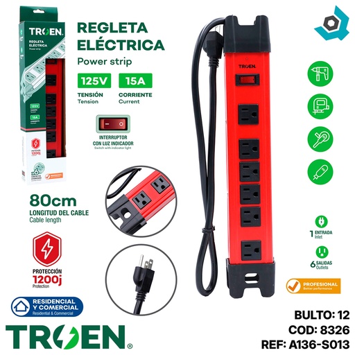 [8326] REGLETA ELETECTRICA 5 TOMAS CON TIERRA TROEN
