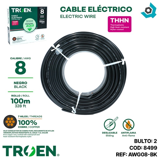 [8499] CABLE ELECTRICO 8 AWG NEGRO 7 HILOS TROEN