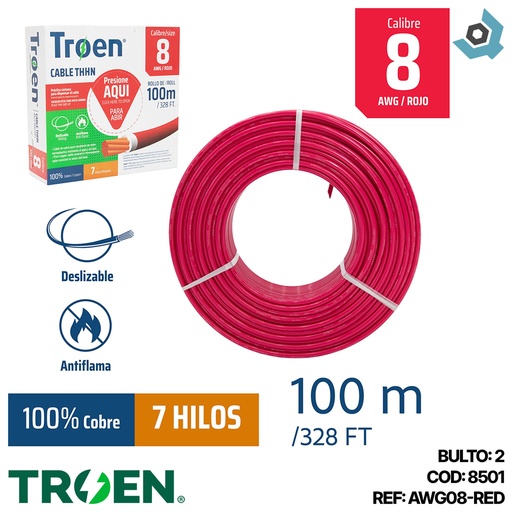 [8501] CABLE ELECTRICO 8 AWG ROJO 7 HILOS TROEN