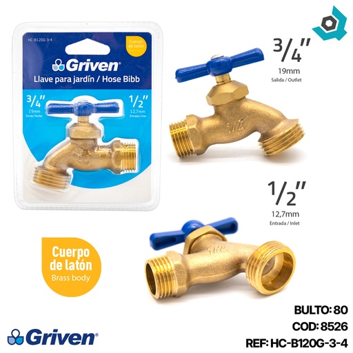 [8526] LLAVE DE CHORRO 1/2" BRONCE SIN PICO GRIVEN