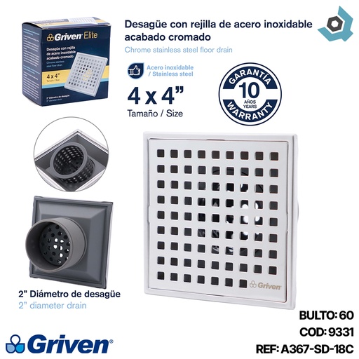[9331] DESAGUE DE PISO 4" X 4" CROMADO GRIVEN ELITE