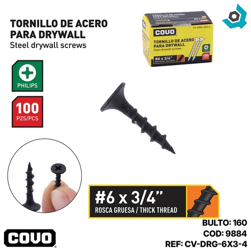 [9884] TORNILLO DRYWALL #6 X 3/4" ROSCA GRUESA 100PZA  COVO