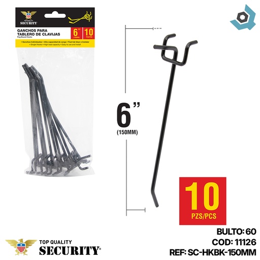 [11126] GANCHOS PARA TABLEROS DE CLAVIJA 6" NEGRAS 10 PIEZAS SECURITY