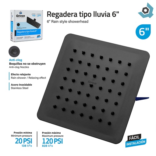 [10633] REGADERA PARA DUCHA TIPO LLUVIA CUADRADA 6" GRIVEN BLACK
