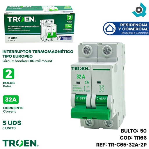 [11166] BREAKER TERMOMAGNETICO 32A 2P TIPO EUROPEO TROEN