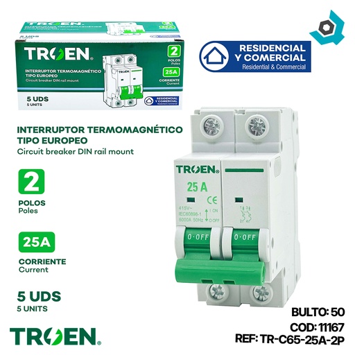 [11167] BREAKER TERMOMAGNETICO 25A 2P TIPO EUROPEO TROEN
