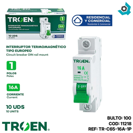 [11218] BREAKER TERMOMAGNETICO 16A 1P TIPO EUROPEO TROEN