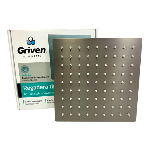 [11333] REGADERA PARA DUCHA TIPO LLUVIA CUADRADA 8" GRIS METALICO GRIVEN GUN METAL