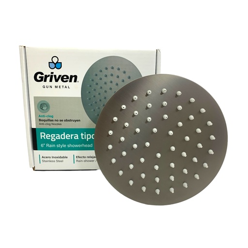 [11334] REGADERA PARA DUCHA TIPO LLUVIA REDONDA 6" GRIS METALICO GRIVEN GUN METAL