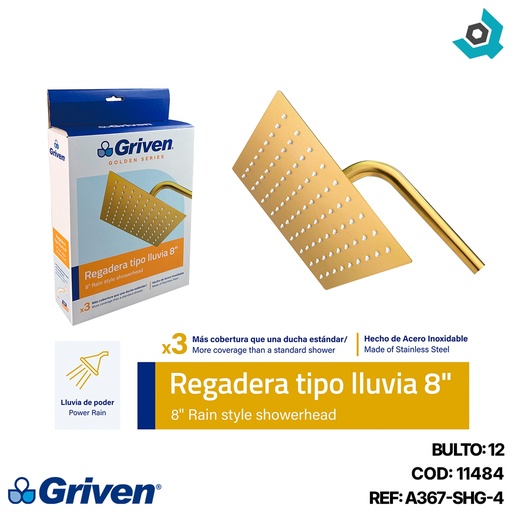 [11484] REGADERA PARA BANO 8" CUADRADA DORADA GRIVEN GOLDEN