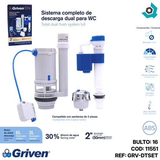 [11551] HERRAJE PARA W.C CON DESCARGA DUAL 2" GRIVEN ELITE