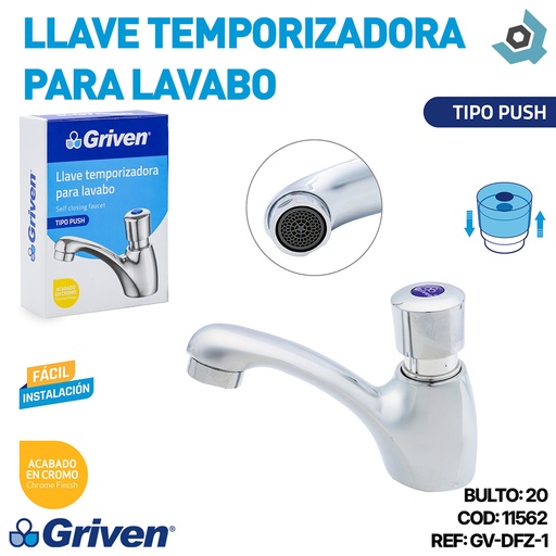 [11562] LLAVE TEMPORIZADORA PARA LAVABO TIPO PUSH CROMADO GRIVEN