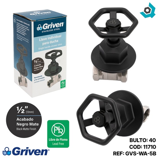 [11710] LLAVE PARA DUCHA 1/2" NEGRO MATE ACERO INOXIDABLE GRIVEN