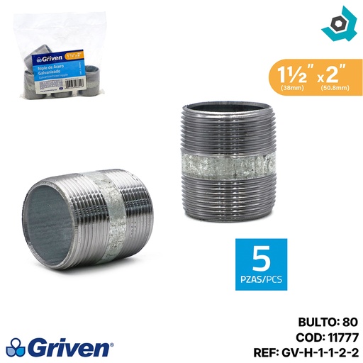 [11777] NIPLE 1 1/2" X 2" DE LARGO DE ACERO GALVANIZADO GRIVEN