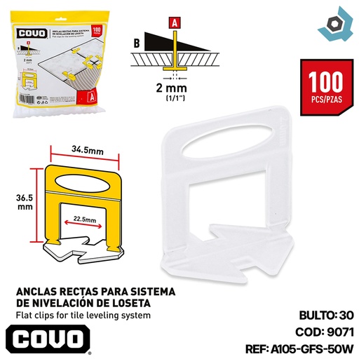 [12111] NIVELADORES PARA CERAMICAS 2MM 100 PZAS COVO