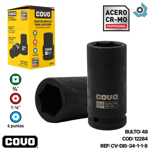 [12284] DADO DE IMPACTO 1-1/8" X 3/4” COVO