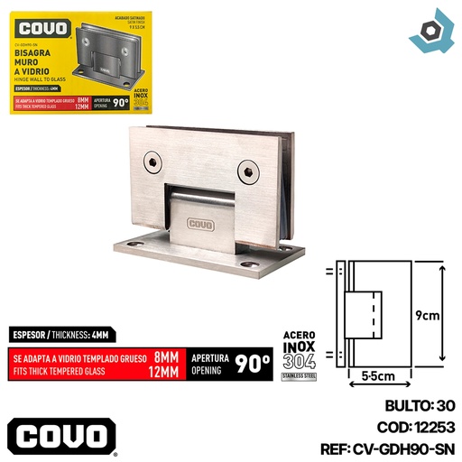 [12253] BISAGRA DE MURO A VIDRIO 9X5.5CM SATINADO COVO