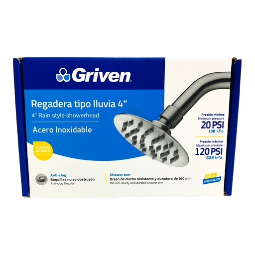 [12607] REGADERA TIPO LLUVIA 4" SATINADO REDONDA GRIVEN
