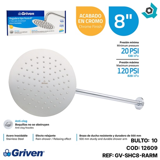 [12609] REGADERA TIPO LLUVIA 8" CROMADA REDONDA GRIVEN