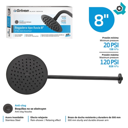 [12614] REGADERA TIPO LLUVIA 8" NEGRO MATE REDONDA GRIVEN