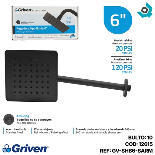 [12615] REGADERA TIPO LLUVIA 6" NEGRO MATE CUADRADA GRIVEN