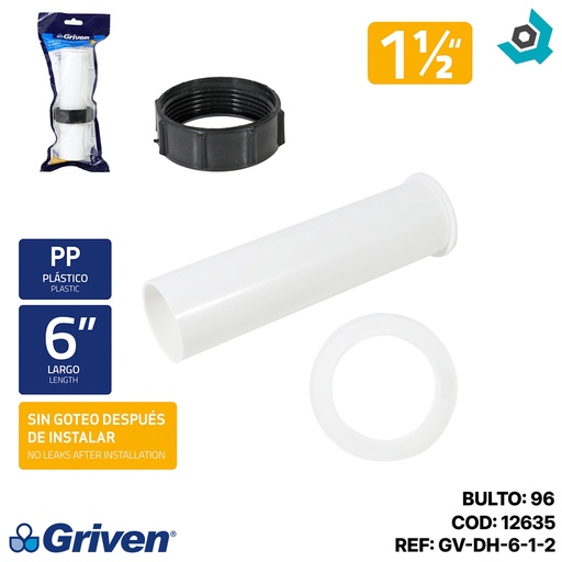 [12635] TUBO DE EXTENSION 1 1/2" X 6" PARA CANASTA DE FREGADERO GRIVEN