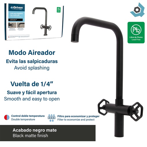 [12689] GRIFERIA PARA FREGADERO CUELLO ALTO NEGRO MATE GRIVEN ACERO INOXIDABLE