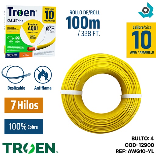 [12900] CABLE ELECTRICO 10 AWG AMARILLO 7 HILOS TROEN