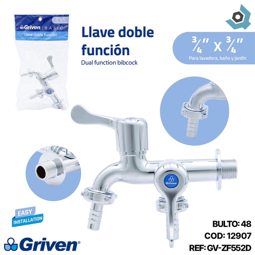 [12907] LLAVE DOBLE FUNCION 3/4" X 3/4" CROMADO GRIVEN BASIC